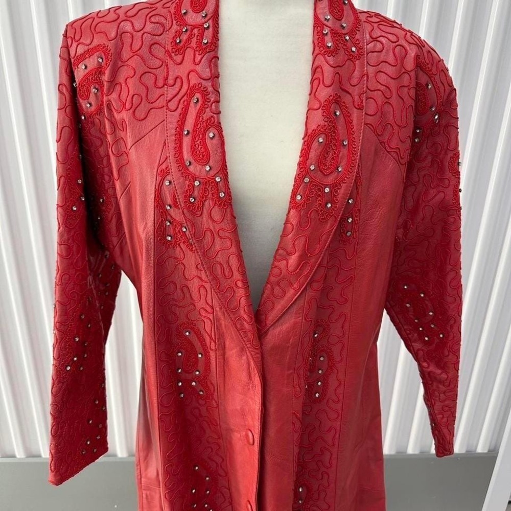 VINTAGE GRAIL Red Leather Trench EMBROIDERED and STUDDED! Sz XL